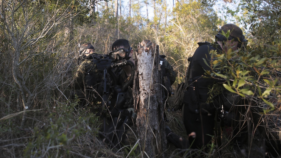 Staff Sgt. Andrew Chen, assistant team leader with 3rd Force Reconnaissance Company, 4th Marine Division provide security at objective rally point during a day and night dive and ship-to-shore advancement operation at Pensacola, Fla., March 22, 2017. The exercise focused on performing sustainment training on Marine combative dive tactics. The training will enhance the company’s capability conduct specialized insertion and extraction tasks. 