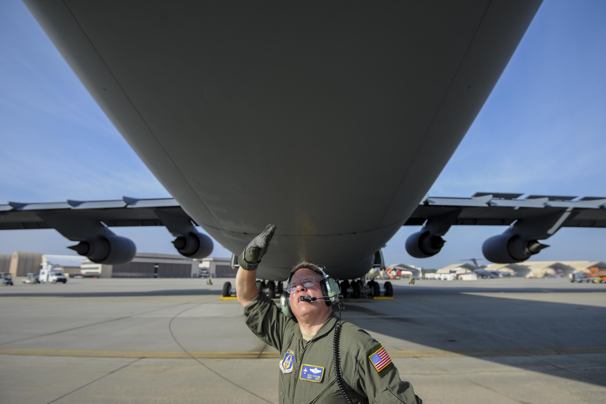 Master Sgt. Richard Titcomb, 339th Flight Test Squadron C-5 flight engineer, performs pre-flight checks to a C-5M Super Galaxy March 29, 2017, at Robins Air Force Base, Ga. The check was part of the functional test stage of the aircraft’s programmed depot maintenance, a process designed to ensure aircraft are safe and mission ready. (U.S. Air Force photo by Jamal D. Sutter)