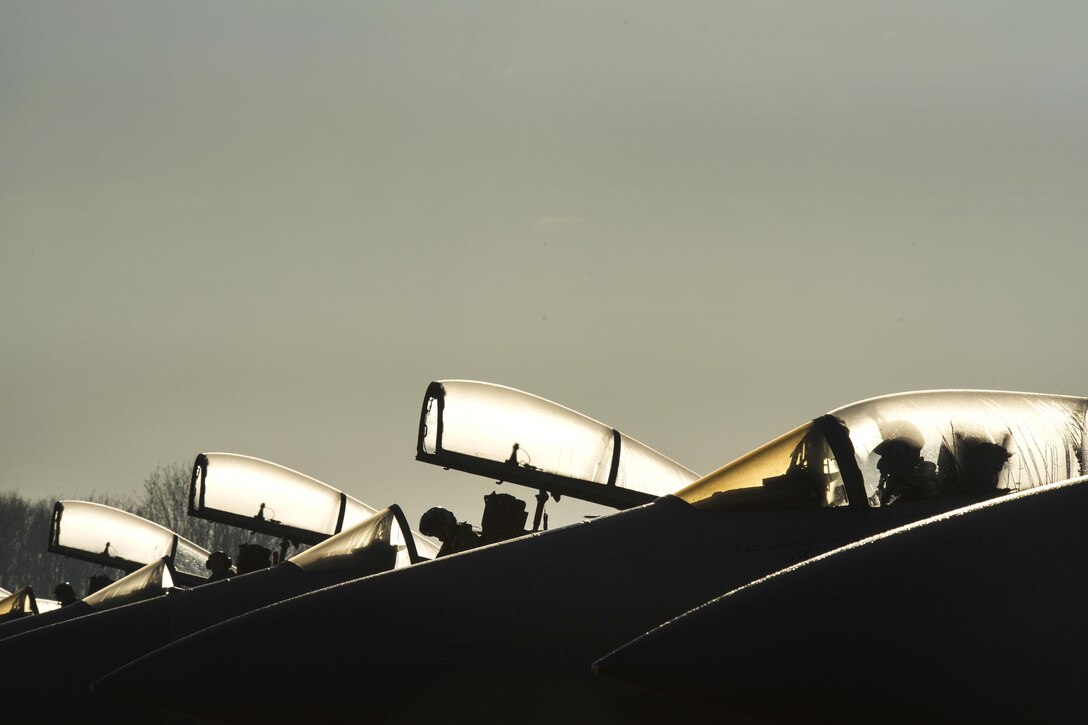 U.S. pilots prepare to taxi their F-15C Eagle aircraft at Leeuwarden Air Base in the Netherlands, March 28, 2017. Air Force photo by Staff Sgt. Jonathan Snyder