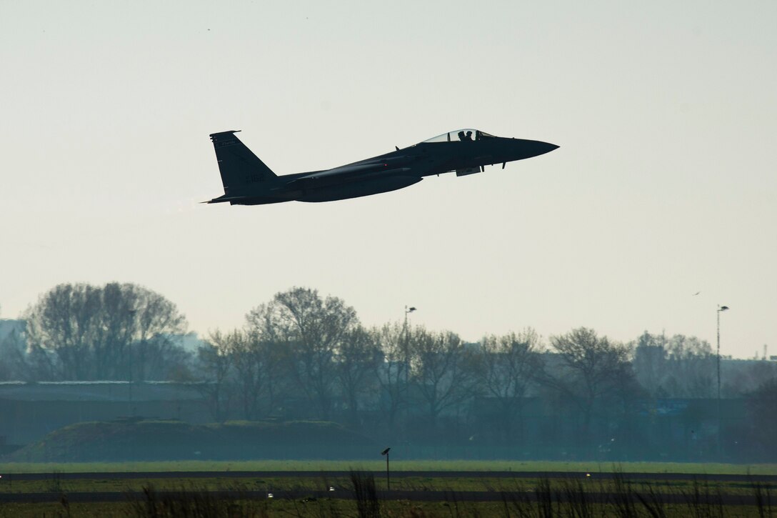 An F-15C Eagle aircraft takes off at Leeuwarden Air Base in the Netherlands, March 28, 2017. Air Force photo by Staff Sgt. Jonathan Snyder