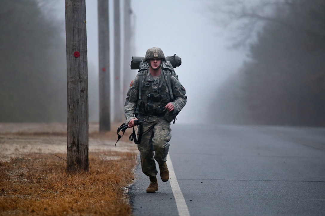 A New Jersey Army National Guard member competes in a 12-mile timed ruck march during the Best Warrior 2017 competition at Joint Base McGuire-Dix-Lakehurst, N.J., March 28, 2017. Air National Guard photo by Master Sgt. Matt Hecht