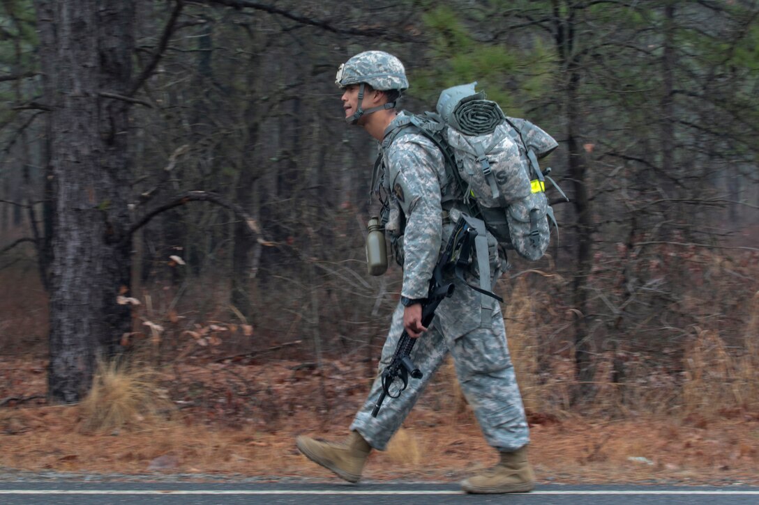 New Jersey Army National Guard Spc. Michael Hernandez competes in a 12-mile timed ruck march during the Best Warrior 2017 competition at Joint Base McGuire-Dix-Lakehurst, N.J., March 28, 2017. Air National Guard photo by Master Sgt. Matt Hecht