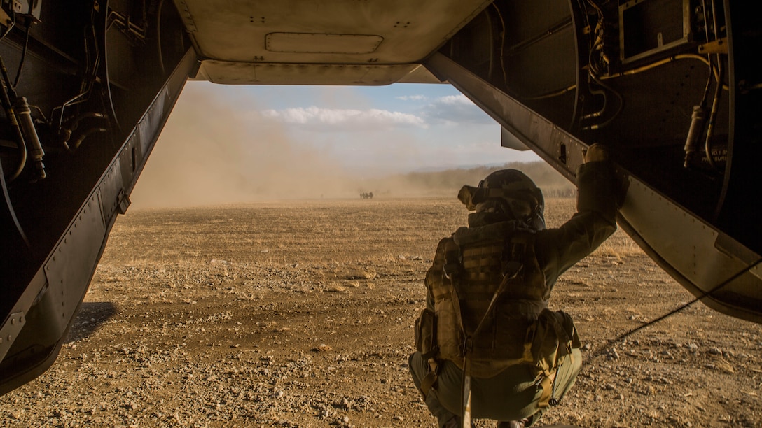 A tiltrotor crew chief with Marine Medium Tiltrotor Squadron 265, Marine Aircraft Group 36, 1st Marine Aircraft Wing awaits a casualty while practicing casualty evacuation drills, March 10, 2017 at Camp Soumagahara, Japan, as part of Forest Light 17-1. Forest Light is a routine, semi-annual exercise conducted by U.S. and Japan forces in order to strengthen our interoperability and combined capabilities in defense of the U.S.-Japan alliance. 