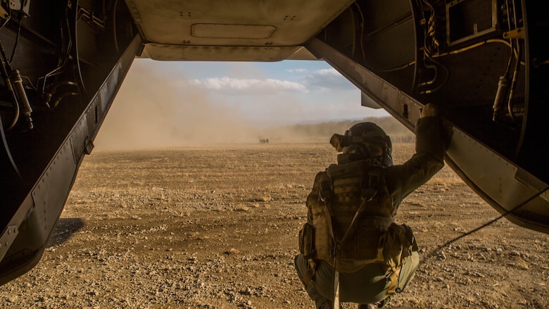 A tiltrotor crew chief with Marine Medium Tiltrotor Squadron 265, Marine Aircraft Group 36, 1st Marine Aircraft Wing awaits a casualty while practicing casualty evacuation drills, March 10, 2017 at Camp Soumagahara, Japan, as part of Forest Light 17-1. Forest Light is a routine, semi-annual exercise conducted by U.S. and Japan forces in order to strengthen our interoperability and combined capabilities in defense of the U.S.-Japan alliance. 