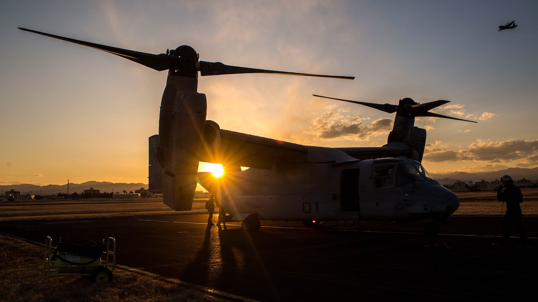 Marines with Marine Medium Tiltrotor Squadron 265, Marine Aircraft Group 36, 1st Marine Aircraft Wing shut down an MV-22B Osprey tiltrotor aircraft at Yokota Air Base, Japan, after a long day of flying with the Japan Ground Self-Defense Force on March 9, 2017 as part of Forest Light 17-1. Forest Light is a routine, semi-annual exercise conducted by U.S. and Japan forces in order to strengthen our interoperability and combined capabilities in defense of the U.S.-Japan alliance. 