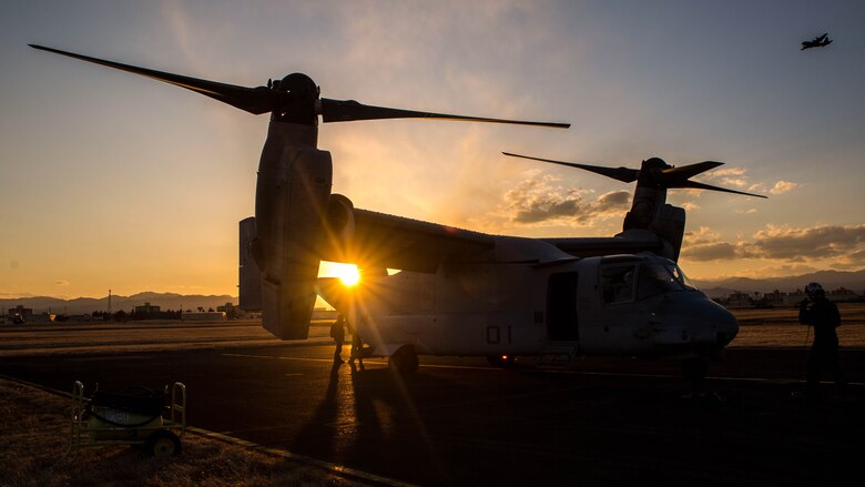 Marines with Marine Medium Tiltrotor Squadron 265, Marine Aircraft Group 36, 1st Marine Aircraft Wing shut down an MV-22B Osprey tiltrotor aircraft at Yokota Air Base, Japan, after a long day of flying with the Japan Ground Self-Defense Force on March 9, 2017 as part of Forest Light 17-1. Forest Light is a routine, semi-annual exercise conducted by U.S. and Japan forces in order to strengthen our interoperability and combined capabilities in defense of the U.S.-Japan alliance. 