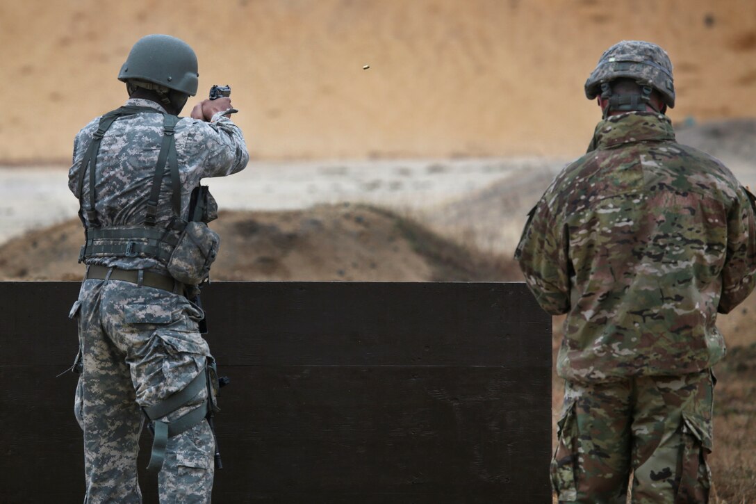 New Jersey Army National Guard Sgt. Daniel Beachum competes in a timed stress shoot during the Best Warrior 2017 competition at Joint Base McGuire-Dix-Lakehurst, N.J., March 28, 2017. Air National Guard photo by Master Sgt. Matt Hecht