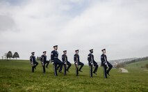 Honor guardsmen from Spangdahlem Air Base, Germany march during a ceremony to honor the Wereth 11 in Wereth, Belgium, March 24, 2017. The ceremony was held to recognize 11 African American soldiers, now known as the Wereth 11, who were tortured and executed by the Nazi SS Dec. 17, 1944, in Wereth, Belgium. (U.S. Air Force photo by Tech Sgt. Sara Keller)