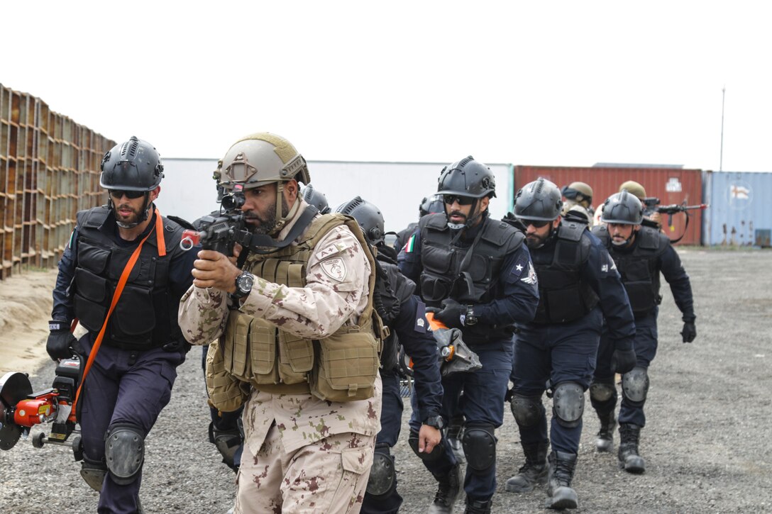 Civilian and military personnel from Kuwait, Qatar, Saudi Arabia and the U.S. conduct counterterrorism drills, search and rescue operations and responded to a mock vehicle explosion as part of exercise Eagle Resolve 2017, March 28, 2017, in Kuwait. The training exercises participant’s ability to respond as a combined joint task force headquarters staff. Exercise Eagle Resolve is the premier U.S. multilateral exercise within the Arabian Peninsula. Since 1999, Eagle Resolve has become the leading engagement between the U.S. and Gulf Cooperation Council nations to collectively address the regional challenges associated with asymmetric warfare in a low-risk setting.