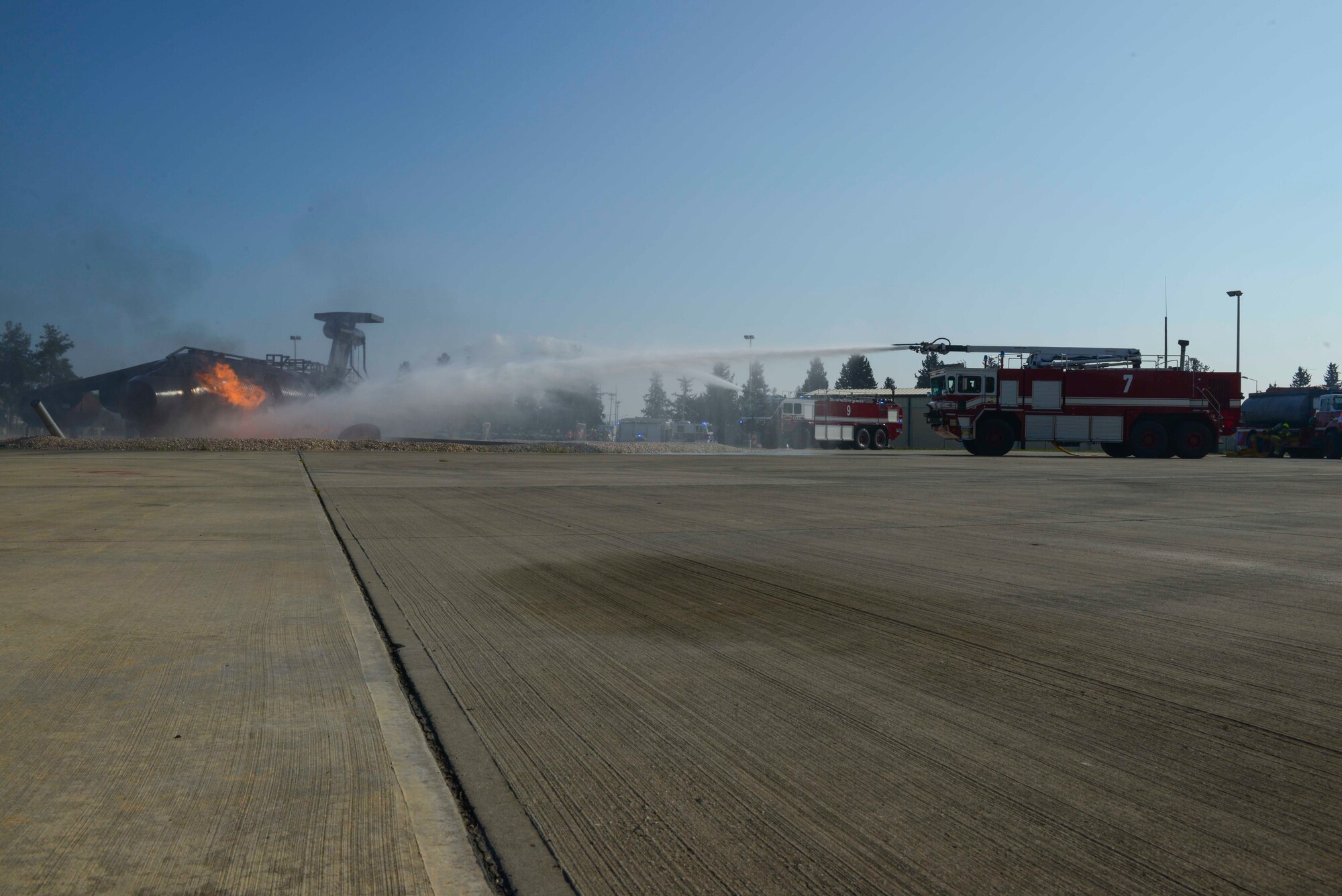 Firefighters with the 39th Civil Engineer Squadron, extinguish a simulated aircraft fire during a major accident response exercise (MARE) March 29, 2017, at Incirlik Air Base, Turkey. A MARE is designed to test an installation’s ability to respond to different events that could negatively impact the installation’s mission. (U.S. Air Force photo by Airman 1st Class Devin M. Rumbaugh) 