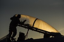 Staff Sgt. Joshua Matrine, 159th Aircraft Maintenance Squadron crew chief, cleans the canopy on a F-15C Eagle from the Louisiana Air National Guard at Leeuwarden Air Base, Netherlands, March 28, 2017. The 122nd Expeditionary Fighter Squadron, comprised of Louisiana and Florida Air National Guard members, will conduct training alongside NATO allies to strengthen interoperability and demonstrate U.S. commitment to the security and stability of Europe. (U.S. Air Force photo by Staff Sgt. Jonathan Snyder)