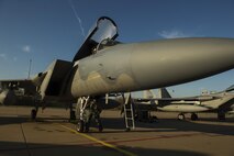 Maj. Joshua Higgins, 122nd Expeditionary Fighter Squadron pilot, conducts a pre-flight inspection on a F-15C Eagle at Leeuwarden Air Base, Netherlands, March 28, 2017. The 122nd Expeditionary Fighter Squadron, comprised of Louisiana and Florida Air National Guard aircraft, will conduct training alongside NATO allies to strengthen interoperability and demonstrate U.S. commitment to the security and stability of Europe. (U.S. Air Force photo by Staff Sgt. Jonathan Snyder)