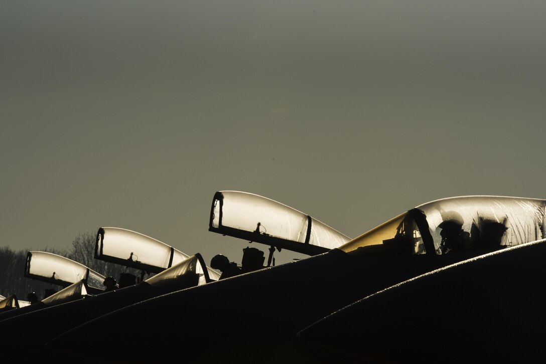Pilots of the 122nd Expeditionary Fighter Squadron prepare to taxi an F-15C Eagle at Leeuwarden Air Base, Netherlands, March 28, 2017. The 122nd Expeditionary Fighter Squadron, comprised of Louisiana and Florida Air National Guard members,deployed to Europe to as a Theater Security Package and is particpating in the Netherlands led exercise Frisian Flag while in country. Thier training will include air defence missions, offensive missions, missions to protect other aircraft and missions carried out to eliminate static and dynamic targets on land or at sea. (U.S. Air Force photo by Staff Sgt. Jonathan Snyder)