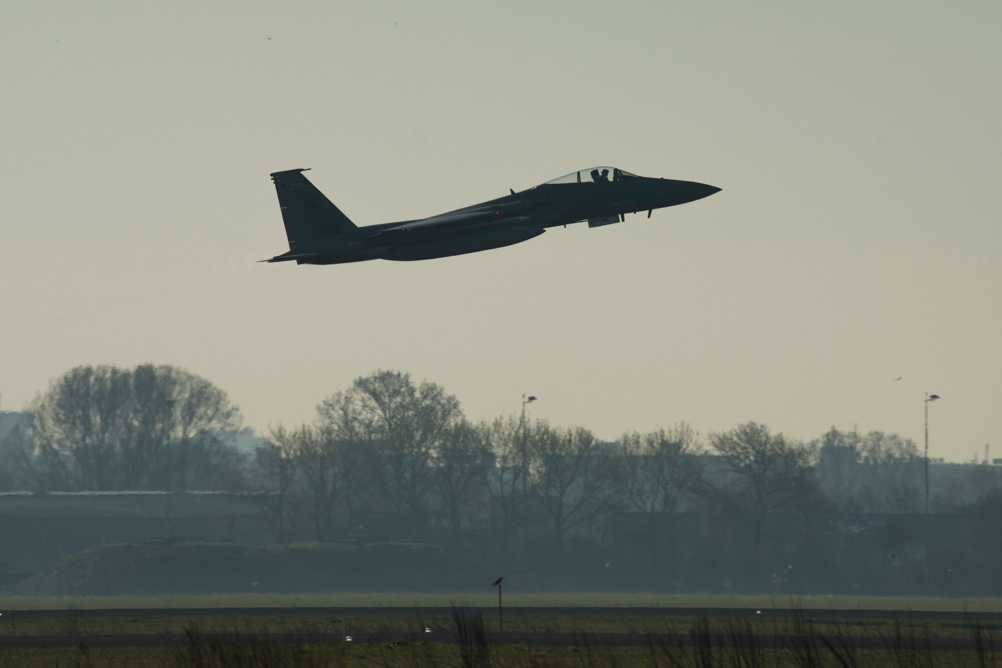 An F-15C Eagle, 122nd Expeditionary Fighter Squadron, takes off at Leeuwarden Air Base, Netherlands, March 28, 2017. The 122nd Expeditionary Fighter Squadron, comprised of Louisiana and Florida Air National Guard members,deployed to Europe to as a Theater Security Package and is particpating in the Netherlands led exercise Frisian Flag while in country. Thier training will include air defence missions, offensive missions, missions to protect other aircraft and missions carried out to eliminate static and dynamic targets on land or at sea. (U.S. Air Force photo by Staff Sgt. Jonathan Snyder)