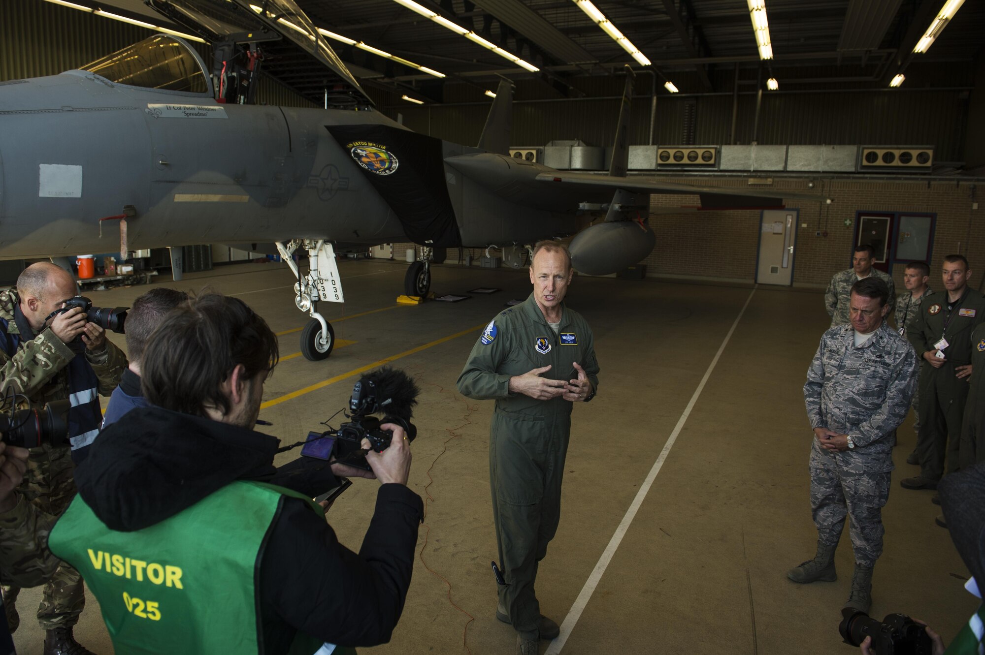 Maj. Gen. Jon K. Kelk, Air National Guard Assistant to the Commander, United States Air Forces in Europe Air Forces Africa, speaks with local media about the Theater Security Package at Leeuwarden Air Base, Netherlands, March 28, 2017. The 122nd Expeditionary Fighter Squadron, comprised of Louisiana and Florida Air National Guard aircraft and members, deployed to Europe to as part of the Theater Security Package and is particpating in the Netherlands led exercise Frisian Flag while in country. Thier training will include air defence missions, offensive missions, missions to protect other aircraft and missions carried out to eliminate static and dynamic targets on land or at sea. (U.S. Air Force photo by Staff Sgt. Jonathan Snyder) 