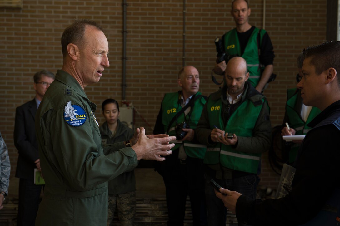 Maj. Gen. Jon K. Kelk, Air National Guard Assistant to the Commander, United States Air Forces in Europe Air Forces Africa, speaks with local media about the Theater Security Package at Leeuwarden Air Base, Netherlands, March 28, 2017. The 122nd Expeditionary Fighter Squadron, comprised of Louisiana and Florida Air National Guard aircraft and members, deployed to Europe to as part of the Theater Security Package and is particpating in the Netherlands led exercise Frisian Flag while in country. These F-15s will conduct training alongside NATO allies to strengthen interoperability and to demonstrate U.S. commitment to the security and stability of Europe. (U.S. Air Force photo by Staff Sgt. Jonathan Snyder)