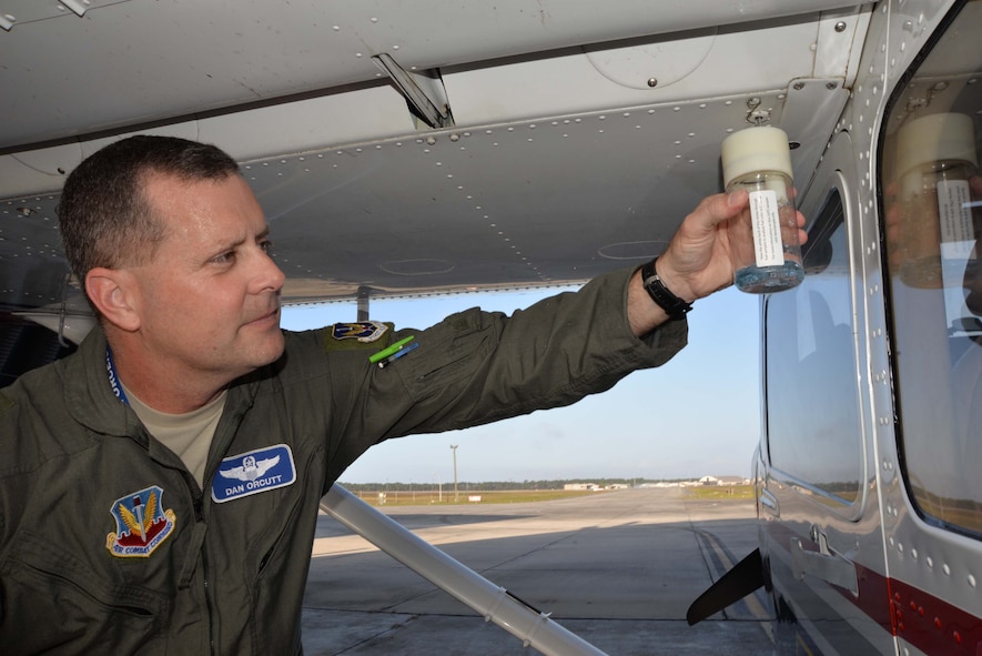 Brig. Gen. Dan Orcutt, First Air Force (Air Forces Northern) Vice Commander, takes a fuel sample during a pre-flight inspection of a Civil Air Patrol Cessna C-182 March 28 at Tyndall Air Force Base, Fla. The aircraft arrived at Tyndall June 24, 2016, as part of CAP’s realignment from Air Education and Training Command to Air Combat Command. With the realignment, the CONR-1st AF (Air Forces Northern) commander has the authority to approve all Civil Air Patrol operational missions when CAP flies in their Air Force Auxiliary role. (U.S. Air Force photo by Mary McHale)


