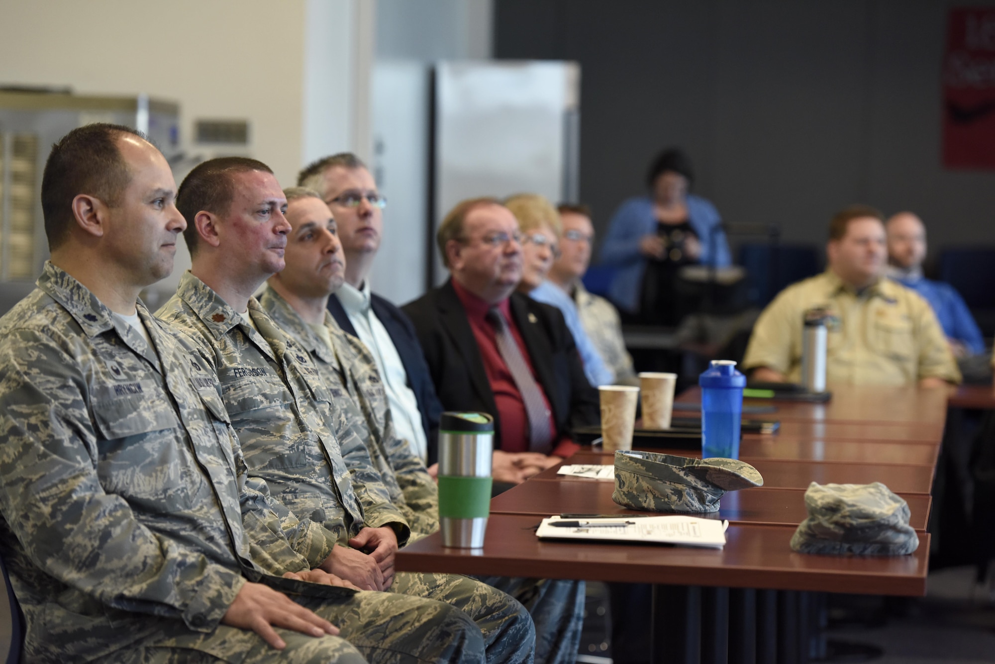 U.S. Air Force Airmen assigned to the 180th Fighter Wing, Ohio Air National Guard attend an Air Force Community Partnership meeting March 22, 2017 with local community leaders from five local-area universities and the Boy Scouts of America's Erie Shores council to sign partnership agreements. The AFCP program has inspired 61 installations nationwide to partner with their local communities across a wide range of initiatives, tapping into the intellectual capital and innovative spirit of Airmen and community leaders across the nation to develop creative ways to accomplish the U.S. Air Force mission and strengthen local communities. (U.S. Air National Guard photo by Staff Sgt. Shane Hughes)