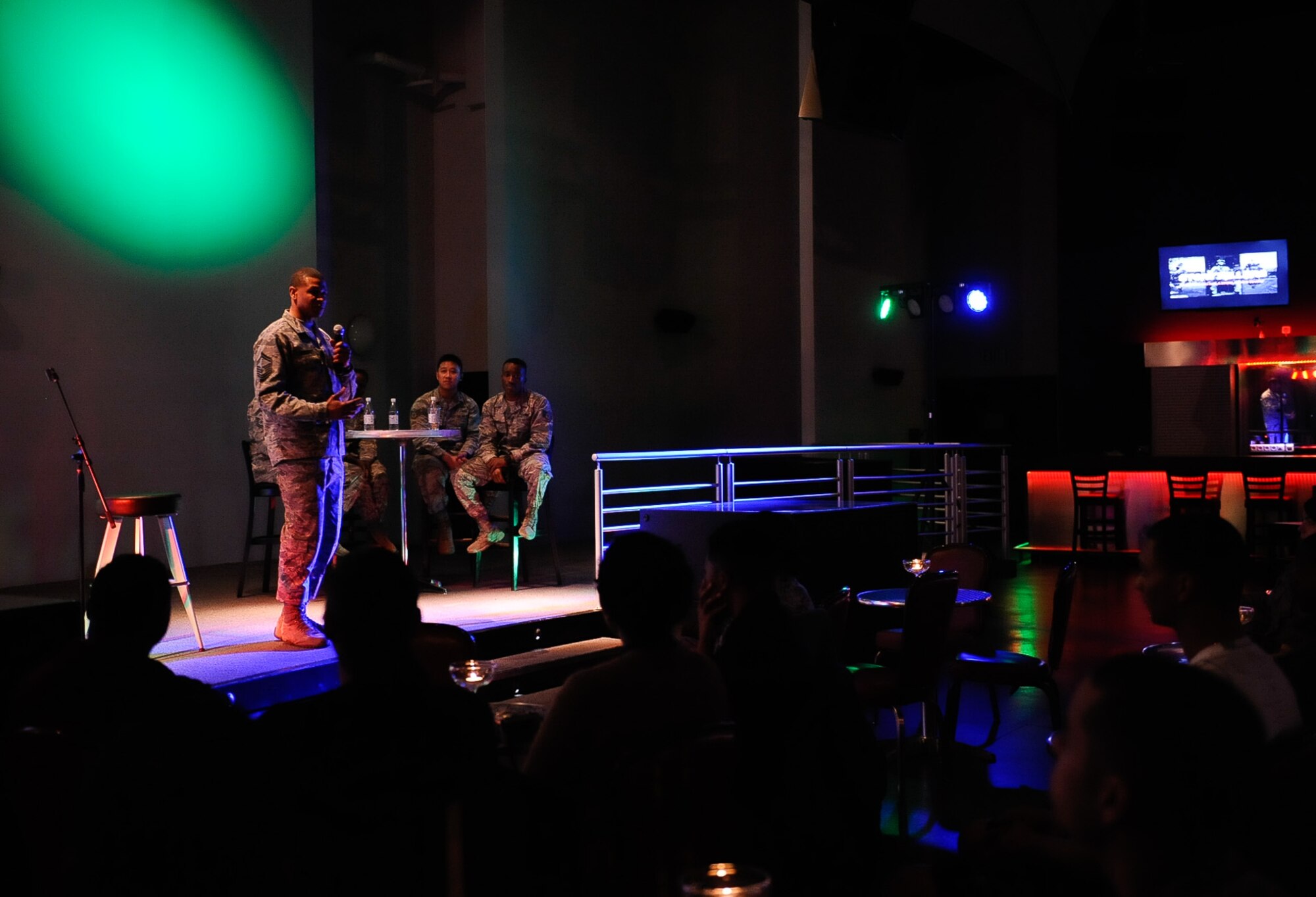 Senior Master Sgt. Kiyon Buckley, 86th Communications Squadron special missions flight chief, shares his experience being in a toxic work environment at a Storytellers event on Ramstein Air Base, Germany, Feb. 23, 2017. Storytellers was a Kaiserslautern Military Community 5/6 Council sponsored event held for leadership that wanted to share stories about a time of struggle during their Air Force career. (U.S. Air Force photo by Airman 1st Class Savannah L. Waters)
