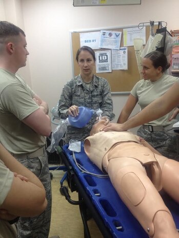Capt. (Dr.) Betsy Reese conducts airway management training on acute trauma patients at a deployed location. Reese recently returned from a deployment in Southeast Asia and serves as a family medicine doctor at Hill Air Force Base, Utah. (Courtesy photo) 
