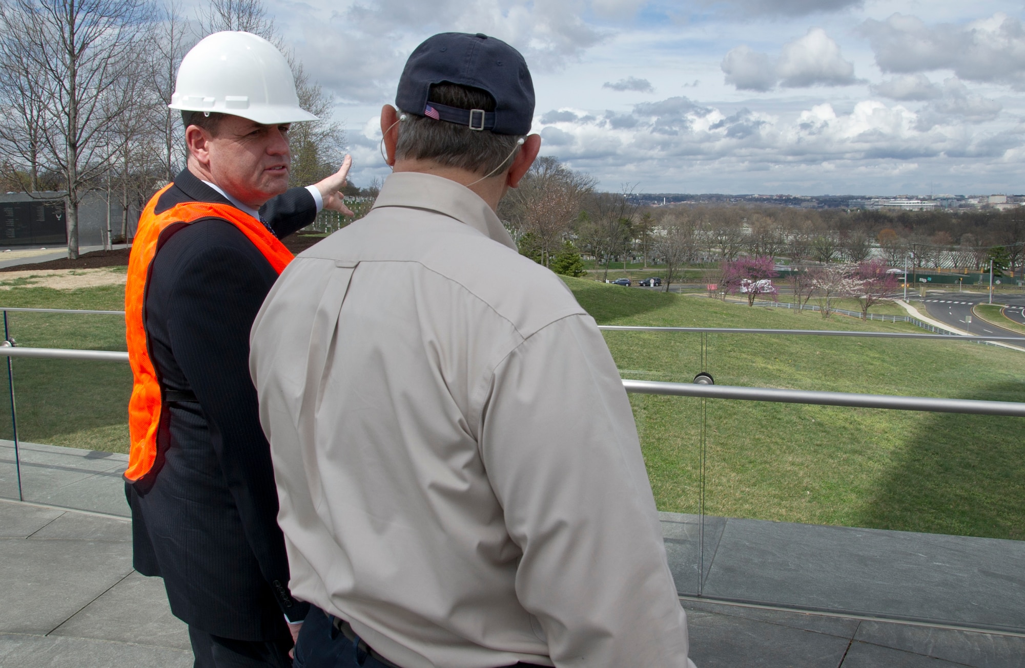 Peter Vielandi (left), Air Force District of Washington, and Sam Hunt, Air Force Memorial facility manager, discuss upcoming developments to the grounds surrounding the U.S. Air Force Memorial March 28, 2017 in Arlington, Va. In April 2017, the Air Force Memorial Foundation will hand off day-to-day operational responsibilities to AFDW. (U.S. Air Force photo by Staff Sgt. Joe Yanik)