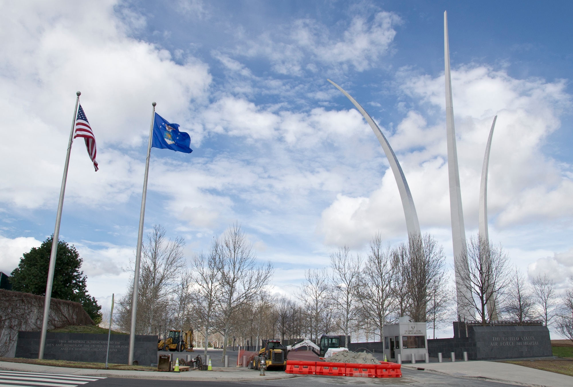 The U.S. Air Force Memorial, located at 1 Memorial Way, Arlington, Virginia, honors the service of the men and women of the United States Air Force and its heritage organizations. Some construction work is in progress in March 2017 to fix security bollards at the Memorial’s entrance way. (U.S. Air Force photo by Staff Sgt. Joe Yanik)