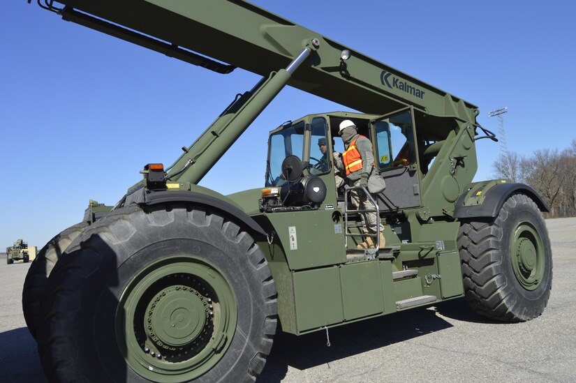 U.S. Army Reserve Soldiers with the 453rd Inland Cargo Transfer Cargo Transportation Company, conduct proficiency training on a Rough Terrain Container Handler during WAREX 78-17-01 at Joint Base McGuire-Dix-Lakehurst March 23, 2017.  WAREX is a large-scale collective training event designed to simulate real-world events during combat. WAREX ensures that America’s Army Reserve units and Soldiers are trained and ready to deploy on short-notice bringing combat-ready and lethal firepower in support of the Total Army and our Joint Force anywhere in the world.  (U.S. Army Reserve photo by Master Sgt. Dave Thompson)
