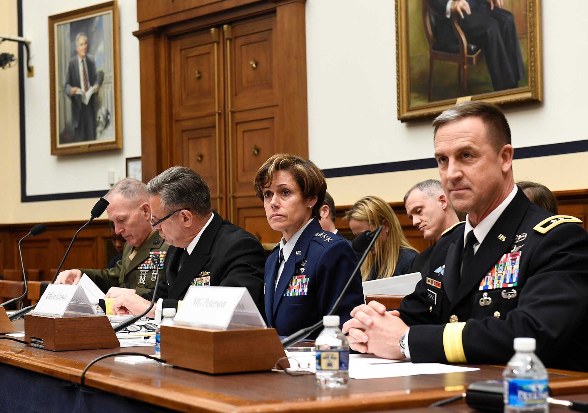 Lt. Gen. Gina Grosso, the Air Force deputy chief of staff for manpower, personnel and services, testifies before the House Armed Services subcommittee on Military Personnel about the nation's pilot shortage March 29, 2017, in Washington, D.C.  Grosso testified with Marine Corps Lt. Gen. Mark Brilakis, the deputy commandant for manpower and reserve affairs; Navy Vice Adm. Robert Burke, the chief of naval personnel; and Army Maj. Gen. Erik Peterson, the director of Army aviation.  (U.S. Air Force photo/Scott M. Ash)