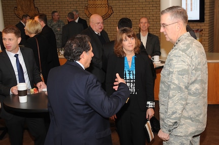 U.S. Air Force Gen. John E. Hyten (right), commander of U.S. Strategic Command (USSTRATCOM), speaks with Federally Funded Research and Development Center (FFRDC) and University Affiliated Research Center (UARC) leaders at Offutt Air Force Base, Neb., March 30, 2017. During the FFRDC and UARC conference, leaders participated in roundtable discussions on projects and capabilities of their respective organizations and topics related to USSTRATCOM’s missions and priorities. The conference marks the second time the command hosted leaders from FFRDCs and UARCs simultaneously – the first such event occurred in September 2016. Both FFRDCs and UARCs are not-for-profit entities sponsored and primarily funded by the U.S. government to address technical needs that cannot be met as effectively by existing government or contractor resources. One of nine Department of Defense unified combatant commands, USSTRATCOM has global strategic missions assigned through the Unified Command Plan that include strategic deterrence; space operations; cyberspace operations; joint electronic warfare; global strike; missile defense; intelligence, surveillance and reconnaissance; and analysis and targeting. 