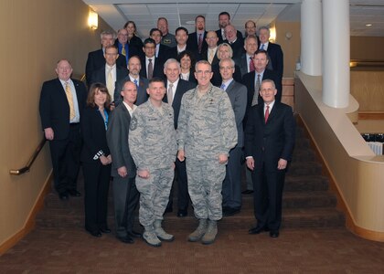 U.S. Air Force Gen. John E. Hyten (front row, second from right), commander of U.S. Strategic Command (USSTRATCOM); and U.S. Air Force Chief Master Sgt. Patrick F. McMahon (front row, third from right), USSTRATCOM senior enlisted leader; meet with Federally Funded Research and Development Center (FFRDC) and University Affiliated Research Center (UARC) leaders at Offutt Air Force Base, Neb., March 30, 2017. During the FFRDC and UARC conference, leaders participated in roundtable discussions on projects and capabilities of their respective organizations and topics related to USSTRATCOM’s missions and priorities. The conference marks the second time the command hosted leaders from FFRDCs and UARCs simultaneously – the first such event occurred in September 2016. Both FFRDCs and UARCs are not-for-profit entities sponsored and primarily funded by the U.S. government to address technical needs that cannot be met as effectively by existing government or contractor resources. One of nine Department of Defense unified combatant commands, USSTRATCOM has global strategic missions assigned through the Unified Command Plan that include strategic deterrence; space operations; cyberspace operations; joint electronic warfare; global strike; missile defense; intelligence, surveillance and reconnaissance; and analysis and targeting. 