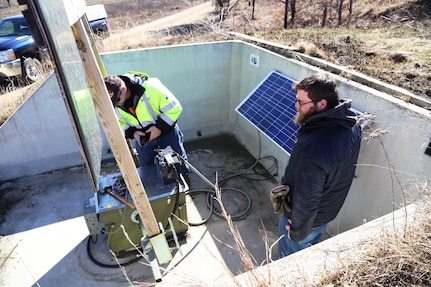 Bruce Altman, target systems supervisor, and Jared Matthews, target systems worker, both with the Directorate of Plans, Training, Mobilization and Security Range Maintenance team, work on an automated target March 10, 2017, on Range 2 on North Post at Fort McCoy, Wis. The work was in preparation for range use by service members training in Operation Cold Steel, an Army Reserve exercise. Range Maintenance personnel make sure range and training areas at Fort McCoy remain operational, and they take care of service members as they train on the ranges. Range Maintenance also has engineering personnel who complete various projects for the installation range complex. (U.S. Army Photo by Scott T. Sturkol, Public Affairs Office, Fort McCoy, Wis.)
