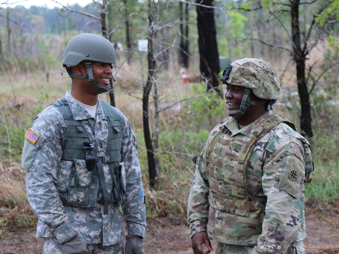 U.S. Army Reserve 1st Lt. Steven Drayton, the commander of the 1002nd Quartermaster Company based in Beaumont, Texas, and 1st Lt. Fielding Gaines, Food Service Officer with the 1002nd QM Co, discuss field operations during the unit’s Philip A. Connelly Awards Program evaluation at Fort Polk, LA on Mar. 25, 2017.  During the Philip A. Connelly Program, the U.S. Army Reserve partners with the National Restaurant Association to give food service personnel an opportunity to demonstrate their capability and combat-readiness while competing for recognition. (U.S. Army Reserve photo by Maj. Brandon R. Mace)