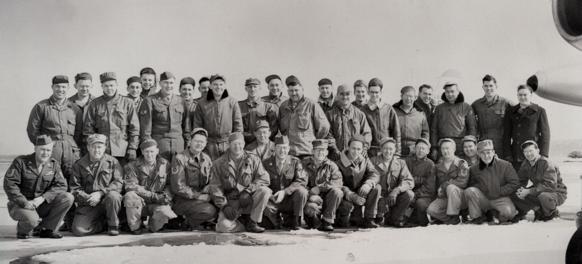 Crew chiefs assigned 174th Fighter Squadron in Sioux City, Iowa activated on April 1, 1951 because of the President Truman’s call up for the Korean War.
First Row
James Thompson, M.F. Colbert, H.T. Parmley, C.J. Redding, H.W. Audresen, V.E. Folonis, W.W. Forke, Joe Wado, L. Lange, R.H. Petersen, H.J. Cox, D.R. Robbins, William Rasdkin, and Don Kramper
Second Row:
James L. Smith, Donald F. Novaek, Jim A. Boyett, W.H. Condon, W.J. Heisler, L.C. Weigel, D.E. Jones, M.E. Hall, Paul H. Tyler, R.W. Hatch, G.P. Bornholtz, Howard Hopper and L.R. Speneer
Back Row: Morris Dahl, R.D. Petrik, J.R. Kirkwoood, R.F. Stolze, W.R. Murphy, R.R. Struble, W.R. Brabander, R.M. Peterson and R.L. Ramlet
