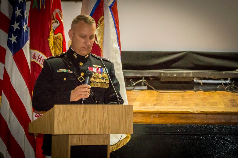 Col. Peter Buck addresses guests during a National
Montford Point Marine Association’s Congressional
Gold Medal presentation ceremony aboard Marine
Corps Air Station Beaufort, March 25. The medal was
awarded posthumously to Willis Jameson and accepted
by a family member, retired Sgt. Maj. Julius Jameson.
Buck is the commanding officer of MCAS Beaufort.