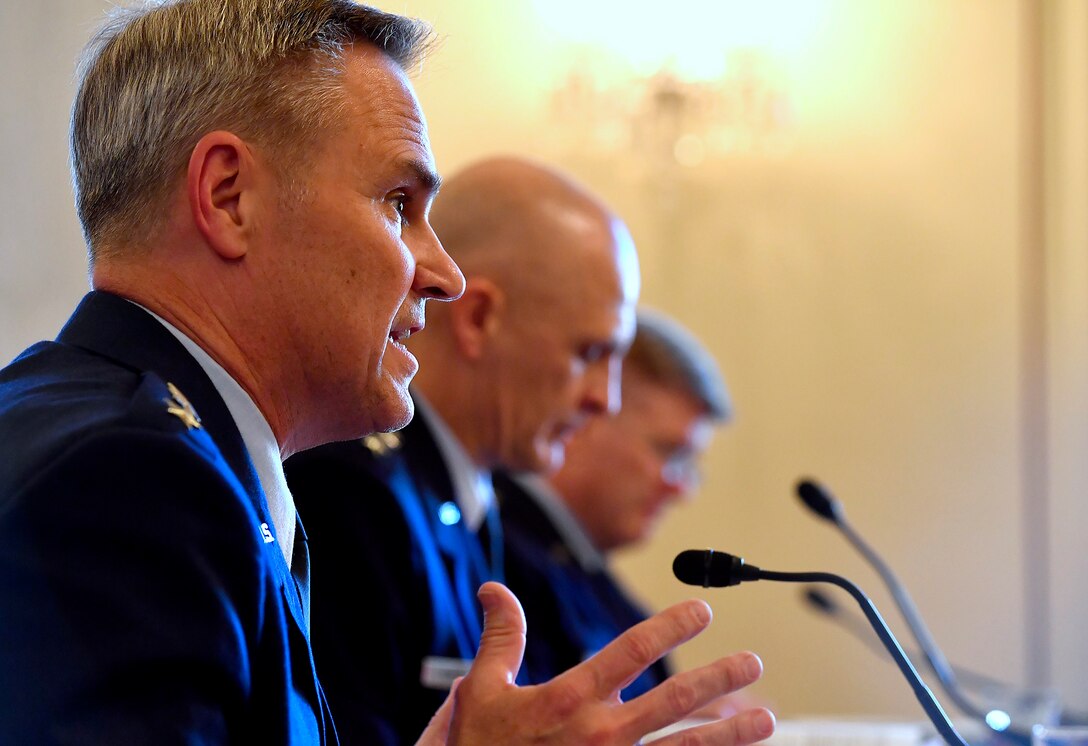Lt. Gen. Mark Nowland, the Air Force deputy chief of Staff for Operations, right, testifies during the Senate Armed Services Subcommittee on Tactical Air and Land Forces and Air Force Modernization, March 29, 2017, in Washington, D.C.  Also testifying were Lt. Gen Arnold Bunch Jr., the military deputy for the Office of the Assistant Secretary of the Air Force and Lt. Gen Jerry Harris Jr., the Air Force deputy chief of staff for Strategic Plans, Programs and Requirements.  (U.S. Air Force photo/Scott M. Ash)