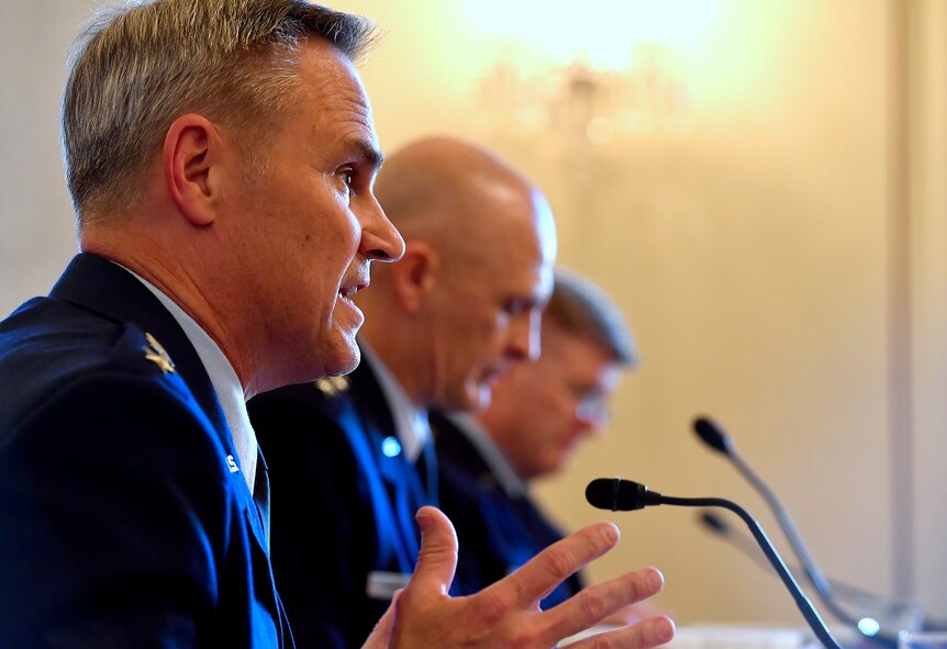 Lt. Gen. Mark Nowland, the Air Force deputy chief of Staff for Operations, right, testifies during the Senate Armed Services Subcommittee on Tactical Air and Land Forces and Air Force Modernization, March 29, 2017, in Washington, D.C.  Also testifying were Lt. Gen Arnold Bunch Jr., the military deputy for the Office of the Assistant Secretary of the Air Force and Lt. Gen Jerry Harris Jr., the Air Force deputy chief of staff for Strategic Plans, Programs and Requirements.  (U.S. Air Force photo/Scott M. Ash)