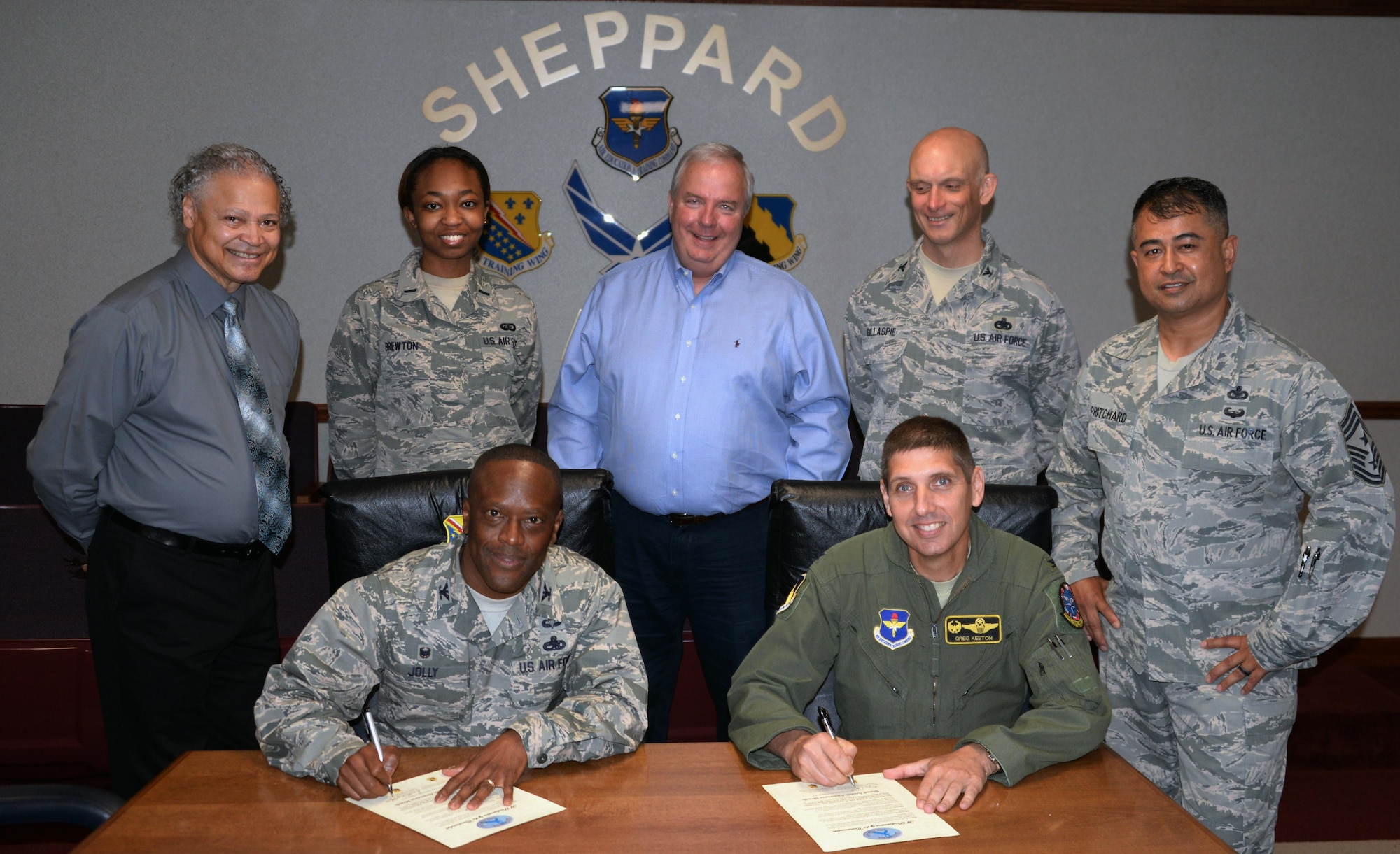 Col. Ronald Jolly, 82nd Training Wing commander and Col. Gregory Keeton, 80th Flying Training Wing commander, support Sexual Assault Awareness and Prevention Month by signing a proclamation March 30, 2017. April is recognized as Sexual Assault Awareness and Prevention Month across the country by both civilian and military communities. The month is an opportunity to highlight robust efforts to care for victims and innovative ways we are working to infuse prevention practices into our daily mission. (U.S. Air Force photo by Senior Airman Robert L. McIlrath/Released)