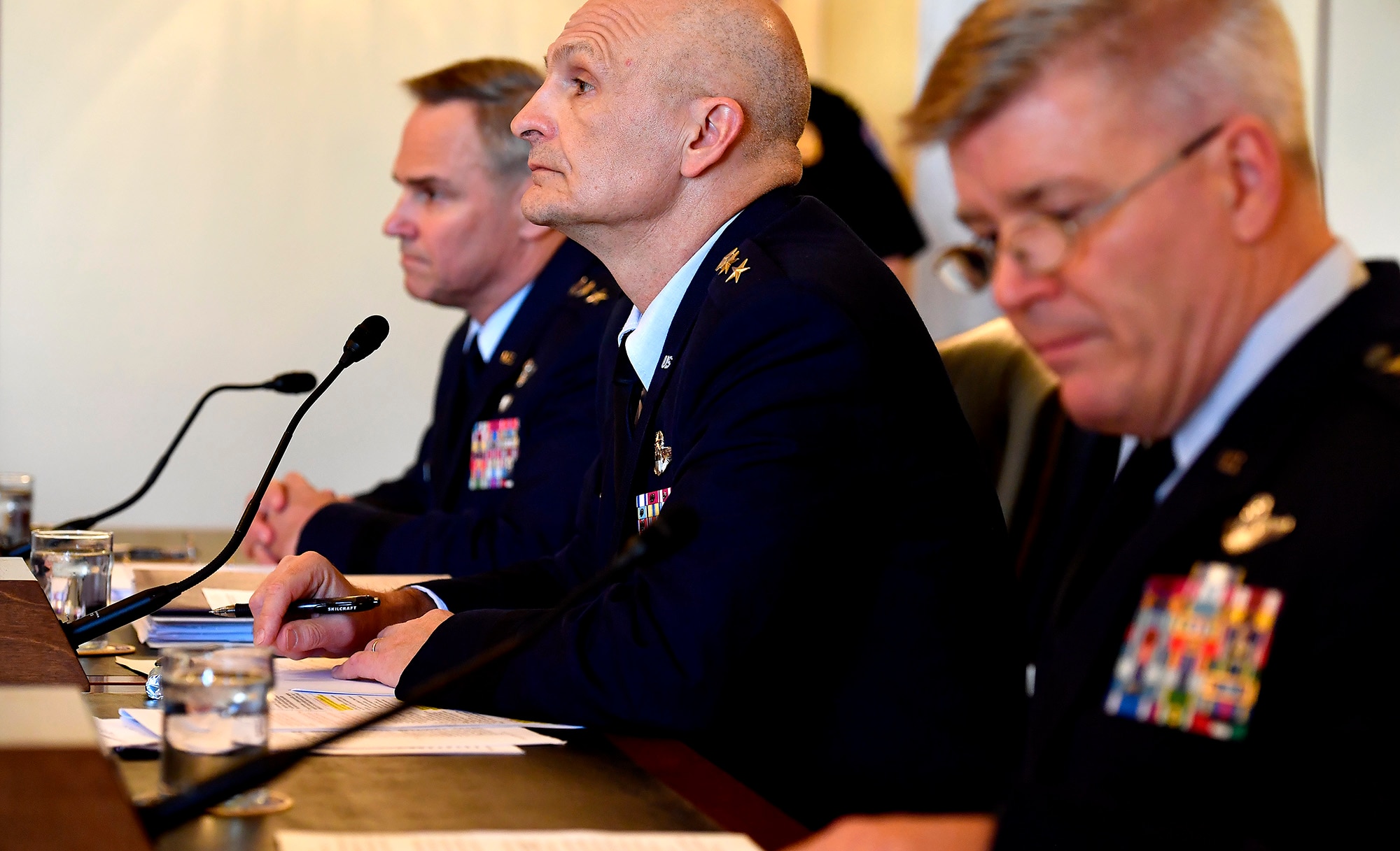 Lt. Gen. Arnold Bunch Jr., the military deputy for the Office of the Assistant Secretary of the Air Force, center, testifies before the Senate Armed Services Subcommittee on Tactical Air and Land Forces, and Air Force Modernization, March 29, 2017, in Washington, D.C.  Also testifying were, right, Lt. Gen. Jerry Harris Jr., the Air Force deputy chief of staff for Strategic Plans, Programs and Requirements, and Lt. Gen. Mark Nowland, the Air Force deputy chief of staff for Operations.  (U.S. Air Force photo/Scott M. Ash)