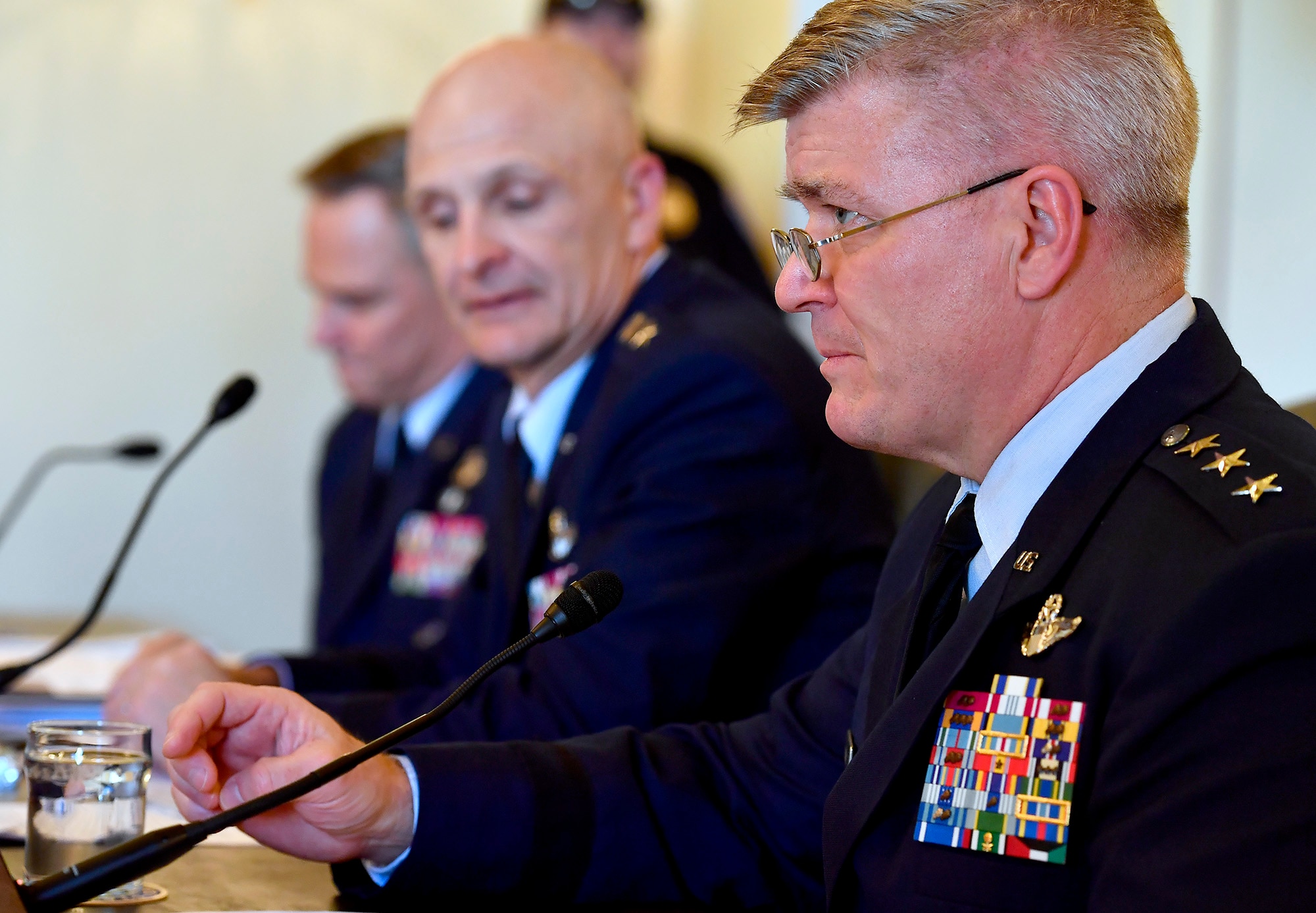 Lt. Gen. Jerry Harris Jr., right, the Air Force deputy chief of staff for Strategic Plans, Programs and Requirements; testifies during the Senate Armed Services Subcommittee on Tactical Air and Land Forces and Air Force Modernization, March 29, 2017, in Washington, D.C.  Also testifying were Lt. Gen Arnold Bunch Jr., center, the military deputy for the Office of the Assistant Secretary of the Air Force; and Lt. Gen. Mark Nowland, the Air Force deputy chief of Staff for Operations. (U.S. Air Force photo/Scott M. Ash)