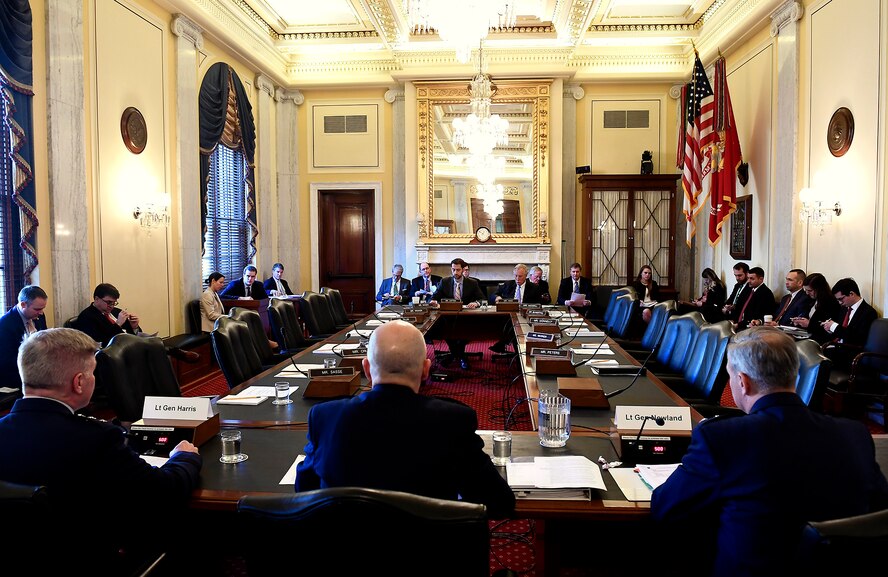 Lt. Gen. Jerry Harris Jr., left, the Air Force deputy chief of staff for Strategic Plans, Programs and Requirements; Lt. Gen Arnold Bunch Jr., the Air Force military deputy for the Office of the Assistant Secretary of the Air Force; and Lt. Gen. Mark Nowland, the Air Force deputy chief of staff for Operations, testify during the Senate Armed Services Subcommittee on Tactical Air and Land Forces and Air Force Modernization, March 29, 2017, in Washington, D.C.  (U.S. Air Force photo/Scott M. Ash)
