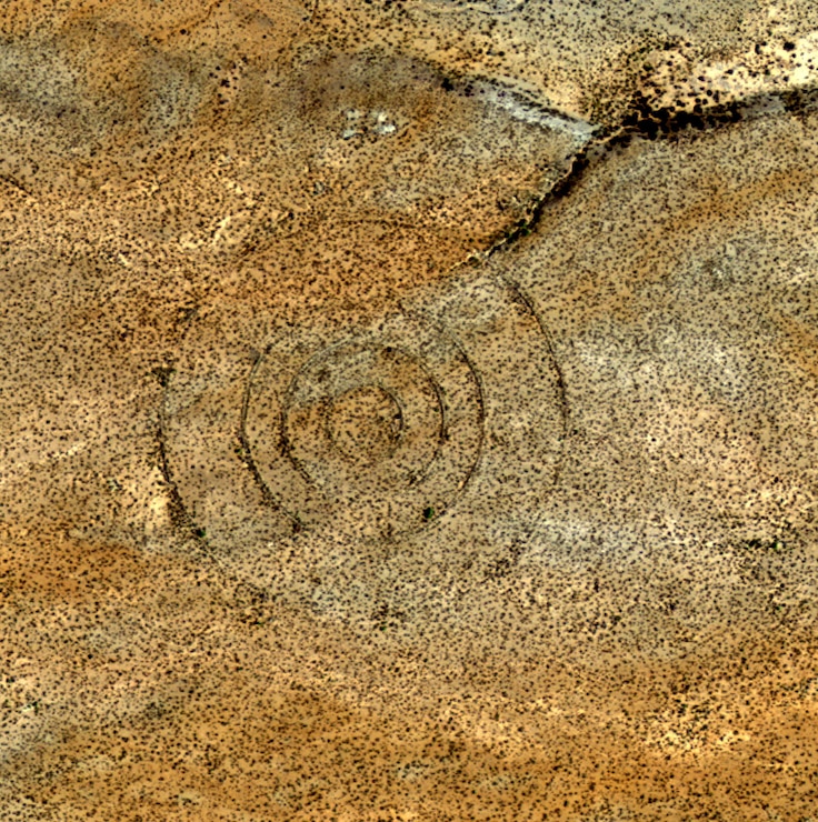 Aerial photo of concentric circles at the daytime bomb target of the former Deming Precision Bomb Range No. 24, New Mexico.