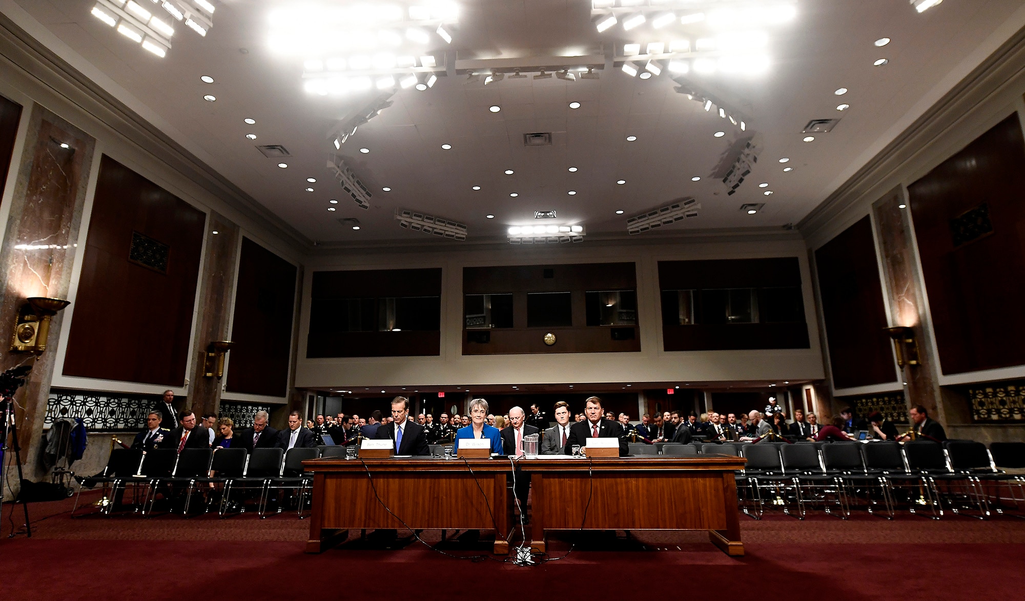 Secretary of the Air Force nominee Heather Wilson testifies before the Senate Armed Services Committee, as a part of the confirmation process March 30, 2017, in Washington, D.C.  Seated with her were Senators John Thune, left, and Mike Rounds, both from South Dakota. (U.S. Air Force photo/Scott M. Ash)