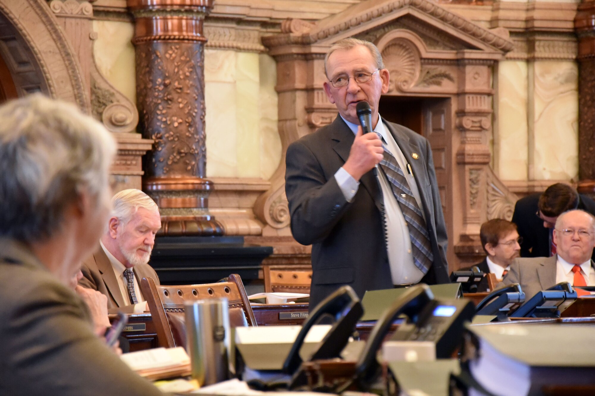 During an official session, Sen. Dan Goddard, Kansas State Senate District 15, presented a Senate Resolution honoring the 924th Air Refueling Squadron March 30, 2017, Topeka, Kan. The 931st Operations Group will stand up the 924th Air Refueling Squadron in an official ceremony scheduled April 2, 2017. It is the first squadron in the Air Force dedicated to the KC-46A Pegasus.  (U.S. Air Force photo by Tech. Sgt. Abigail Klein)