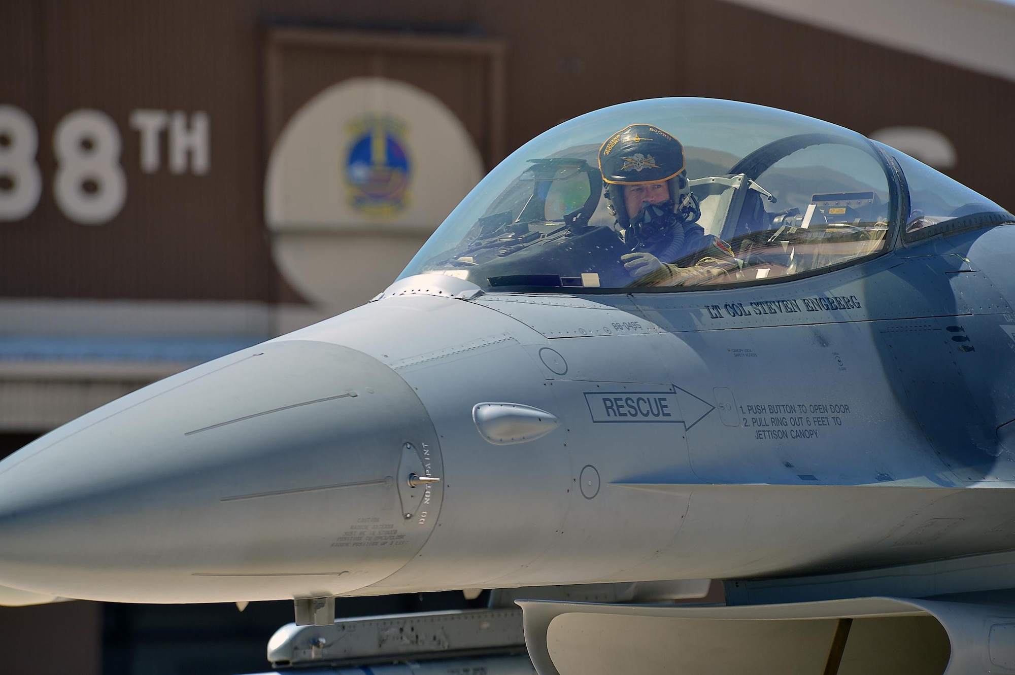 Lt. Col. Steven Engberg, 4th Fighter Squadron commander, after a ‘Fightin' Fuujins’ fini flight May 31, 2016, at Hill Air Force Base, Utah. (Air Force photo by R. Nial Bradshaw)