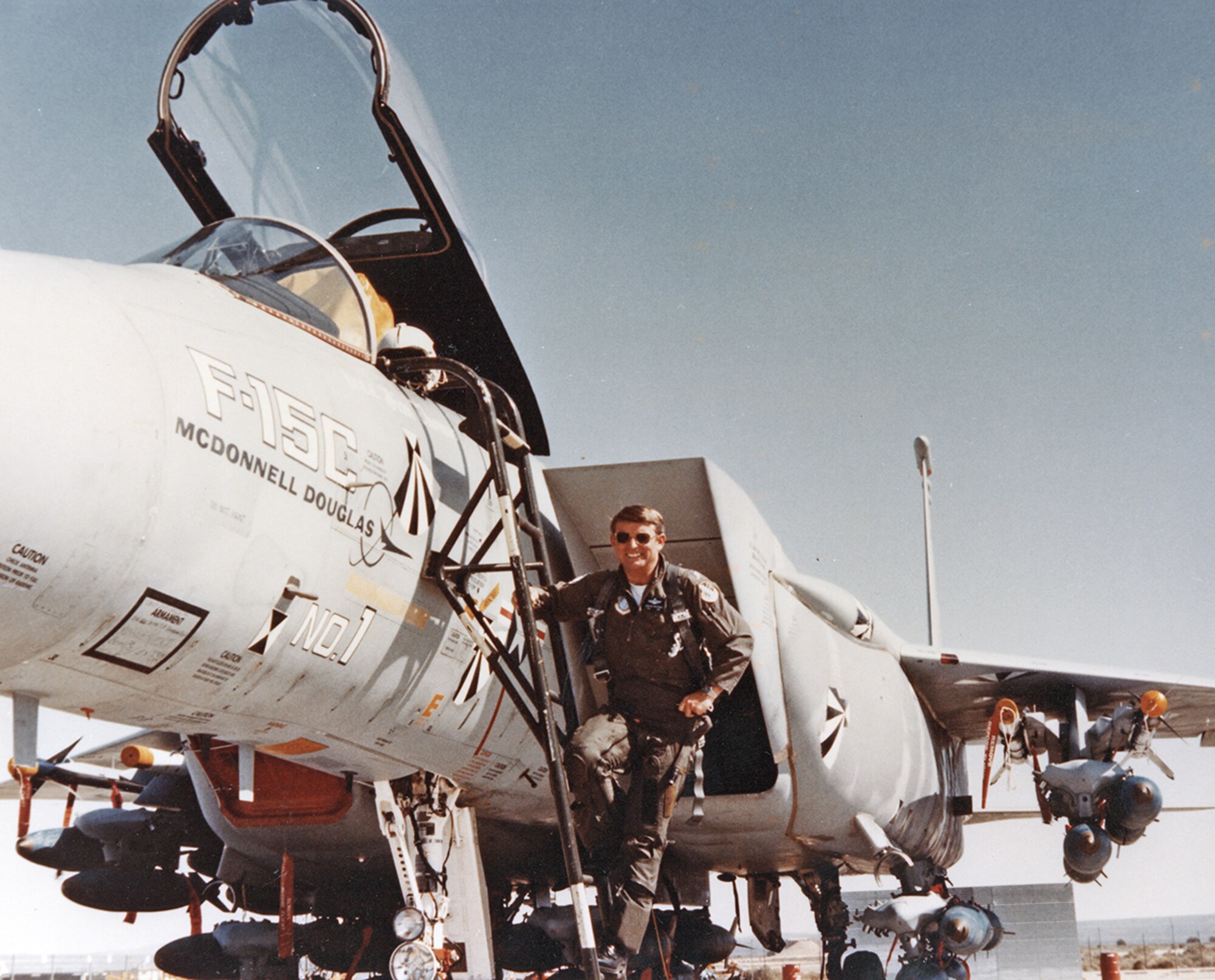 On March 28, 1983, the director of the F-15 Combined Test Force, Lt. Col. John M. Hoffman, flew the first of 27 high-angle-of attack-test flights on an F-15C with the test nose boom removed. (Edwards History Office file photo)