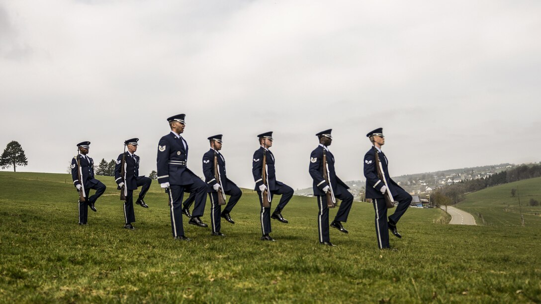 An Air Force honor guard marches during a ceremony to honor 11 African American soldiers, known as the Wereth 11, in Wereth, Belgium, March 24, 2017. The airmen are assigned to Spangdahlem Air Base, Germany. The ceremony recognized the soldiers, who were tortured and executed by the Nazi SS, Dec. 17, 1944, in Belgium. Air Force photo by Tech Sgt. Sara Keller