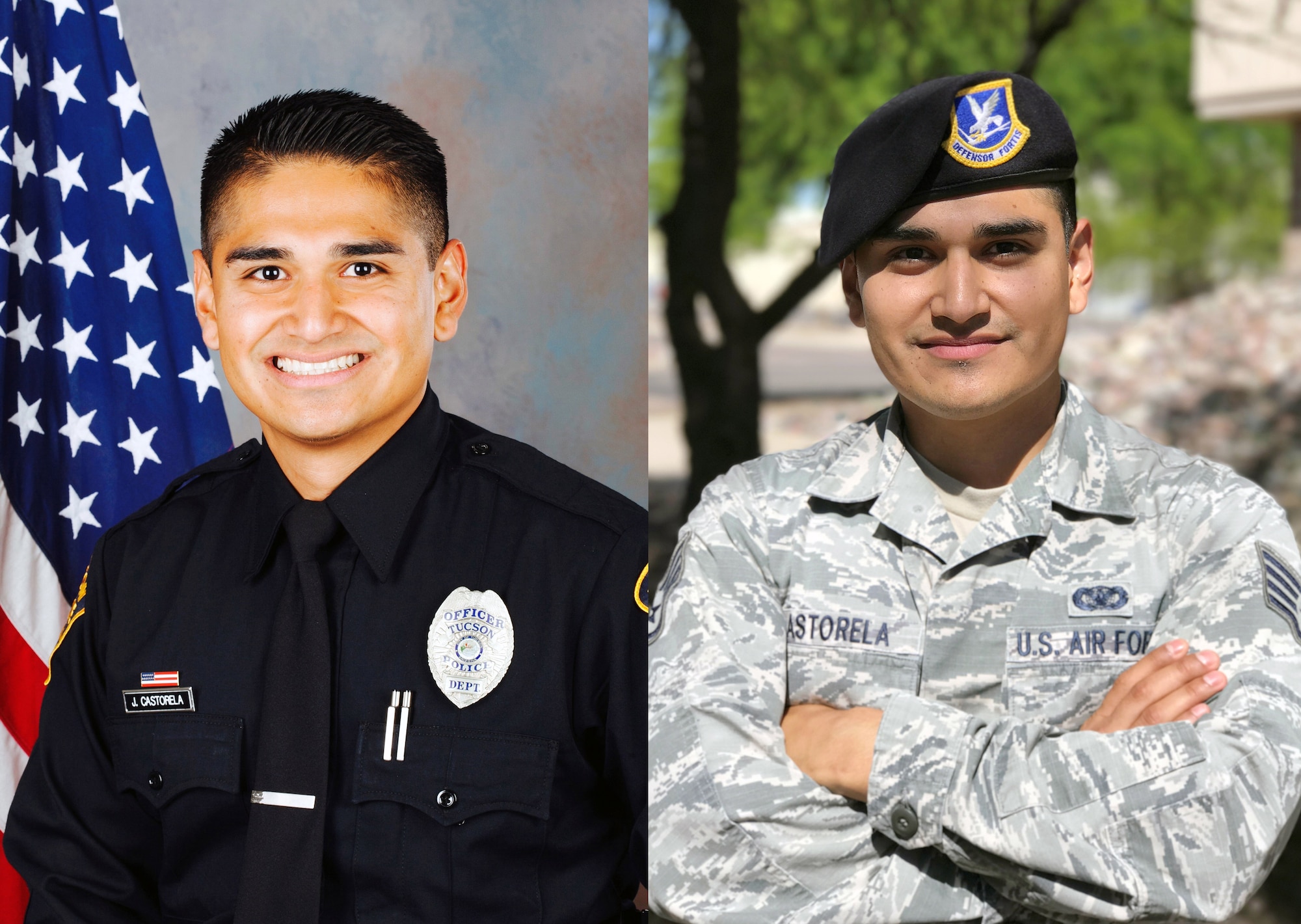 U.S. Air Force Reserve Staff Sgt. Joshua Castorela is a 720th Security Forces Squadron Citizen Airman and Tucson Police Department patrol officer who was recently recognized for heroism in the line of duty. He is set to deploy to the Dominican Republic with other defenders from Davis-Monthan Air Force Base, Ariz. (Photo illustration by Carolyn Herrick)