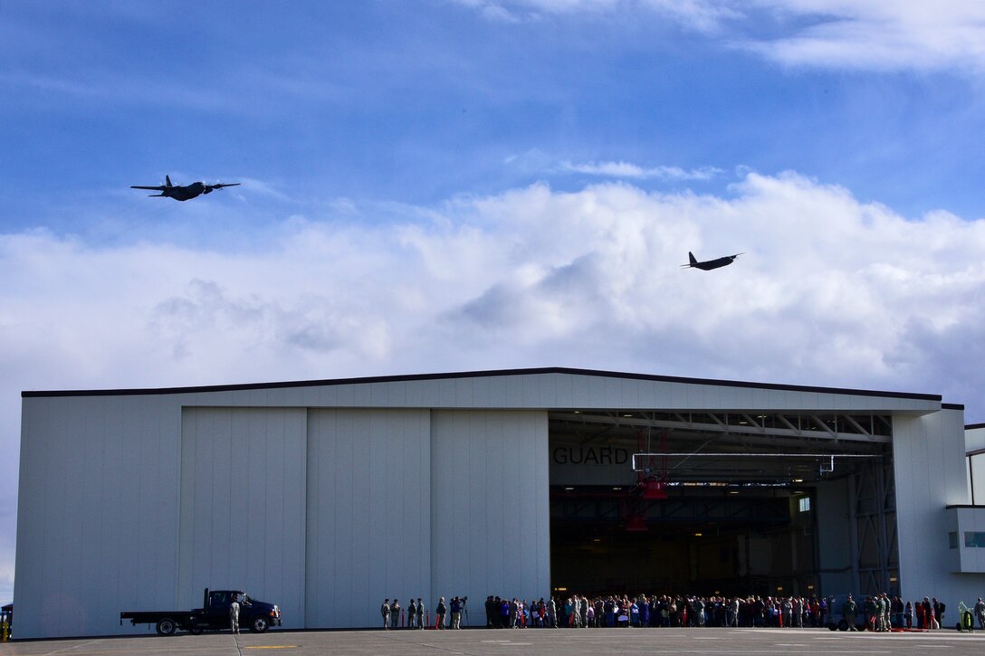 Two C-130 Hercules aircraft assigned to the 120th Airlift Wing of the Montana Air National Guard return with personnel from a deployment to Southwest Asia March 3, 2017. 