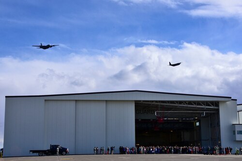 Two C-130 Hercules aircraft assigned to the 120th Airlift Wing of the Montana Air National Guard return with personnel from a deployment to Southwest Asia March 3, 2017. 