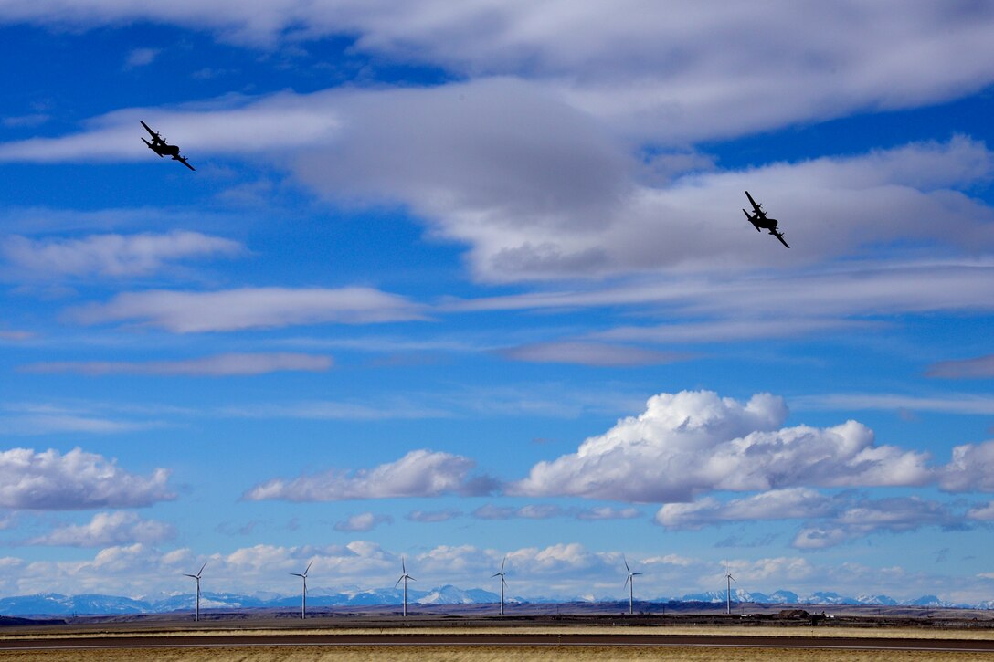 Two C-130 Hercules aircraft assigned to the 120th Airlift Wing of the Montana Air National Guard return with personnel from a deployment to Southwest Asia March 3, 2017. 